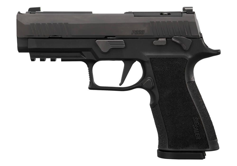 Black handgun pistol on white background.