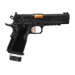 Black semi-automatic handgun with orange highlights.