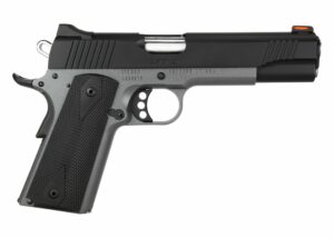 Semi-automatic handgun, black and silver design.