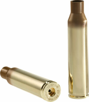 Two brass rifle cartridge casings on white background