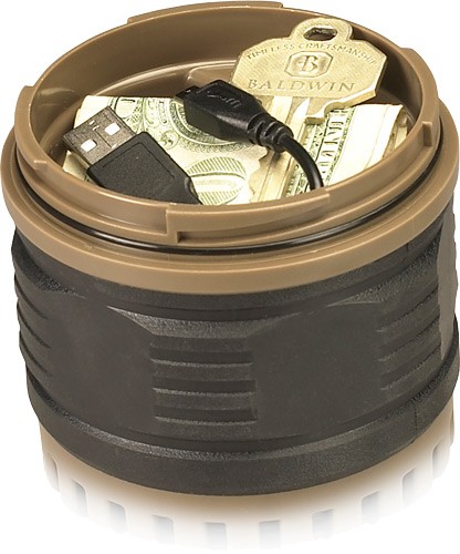 Travel mug hiding cash and USB cable
