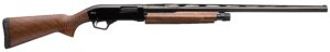 Pump-action shotgun with wooden stock and black barrel