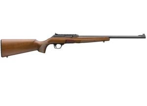 Wood-stocked bolt-action rifle on white background