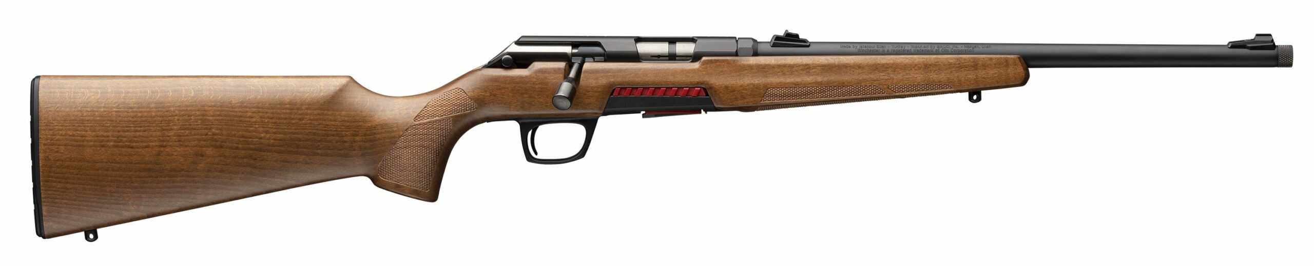 Bolt-action rifle with wooden stock on white background