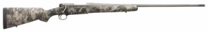 Camouflage hunting rifle with long barrel.