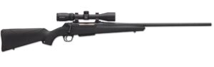 Black bolt-action rifle with mounted scope