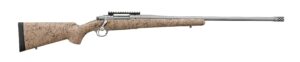 Bolt-action rifle with synthetic stock and long barrel