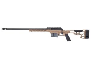 Modern bolt-action rifle with tan chassis stock