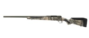Camouflaged hunting rifle with long barrel.