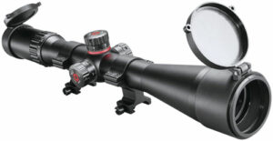 Black rifle scope with flip-up lens covers