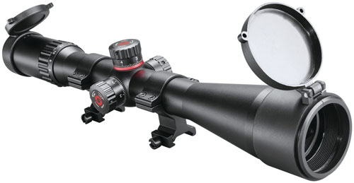 Black rifle scope with flip-up lens covers