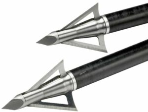Two metal arrow broadheads on shafts.