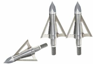 Three metal broadhead arrow tips on display