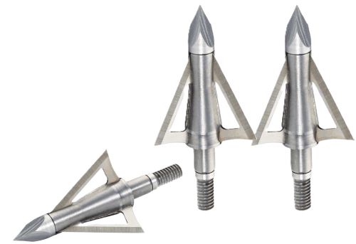 Three metal broadhead arrow tips on display