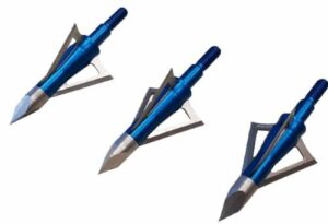 Three blue hunting arrow broadheads
