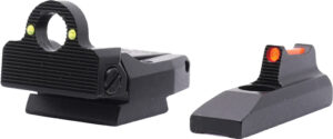 Tactical firearm sight with red and green indicators.