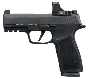 Black handgun with textured grip and sights.