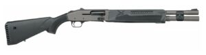Tactical shotgun with a black and gray finish.