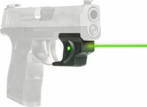 Handgun with mounted green laser sight activated