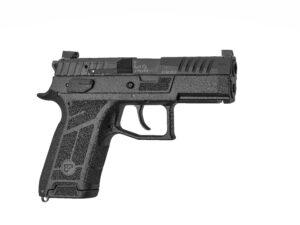 Black semi-automatic handgun on white background
