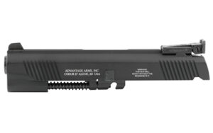 Black pistol slide assembly with rail