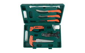 Green tool kit with orange-handled tools
