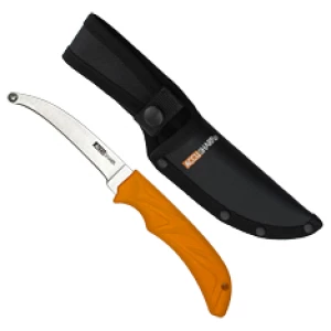 Curved hunting knife with sheath, orange handle