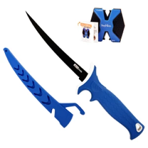 Blue fillet knife with sheath and sharpener.
