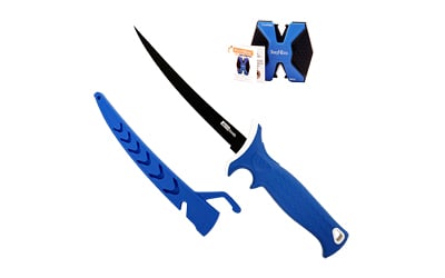 Blue fillet knife with sheath and sharpener.