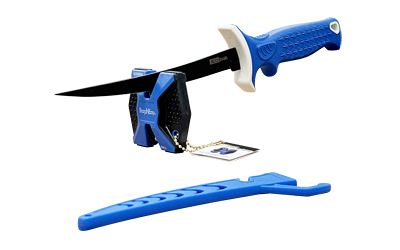 Blue knife with sharpener and sheath.