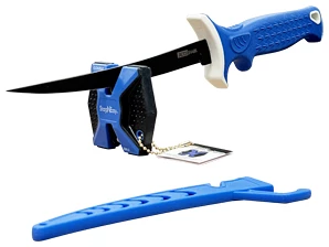 Blue knife with sharpener and sheath.