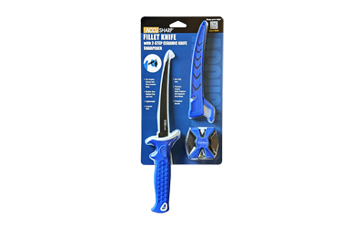 Blue fillet knife with sharpener in packaging.