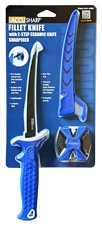 Blue fillet knife with sharpener in packaging.