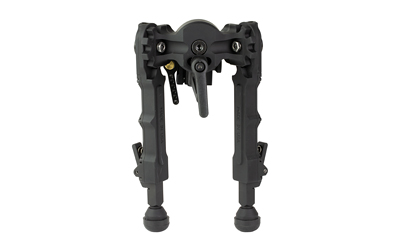 Black adjustable rifle bipod on white background