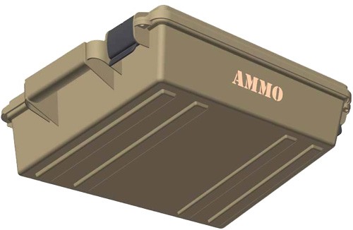 Tan ammo box with handle in 3D rendering.