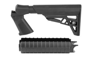 Black adjustable rifle stock and handguard