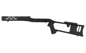 Black tactical rifle stock chassis on white background