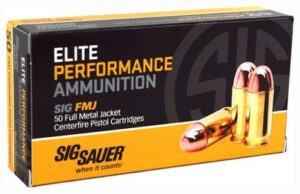 Sig Sauer Elite Performance Ammunition box with cartridges.
