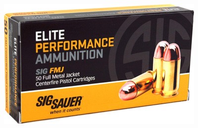Sig Sauer Elite Performance Ammunition box with cartridges.