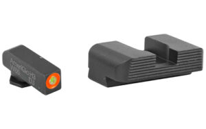 Black pistol sights with orange and green front dot