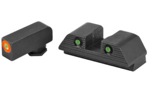 Tritium night sights for firearms, front and rear view.