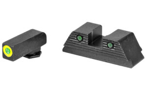 Black pistol sights with green dot inserts