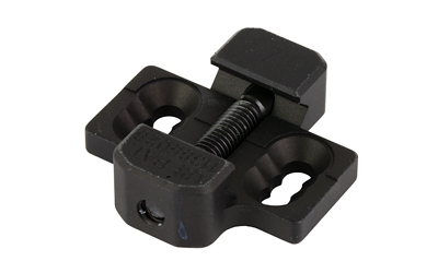 Black metal mounting clamp with screw and keyholes