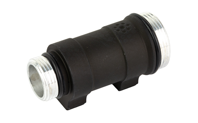 Black cylindrical mechanical connector with threaded metal ends