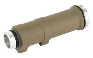 Tan cylindrical metal component with threaded ends