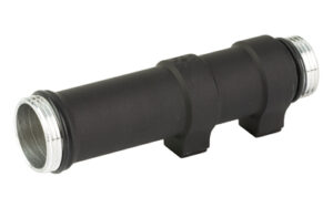 Black cylindrical metal pipe connector with threaded ends