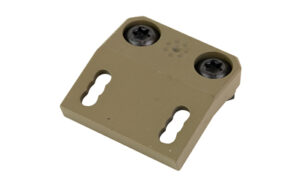 Tan mounting plate with two screws and keyholes