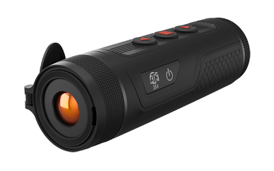 Black handheld monocular device with orange lens