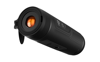 Black handheld thermal monocular with orange lens