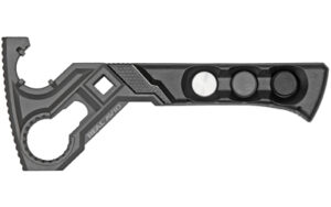Black tactical tomahawk with textured handle and cutouts